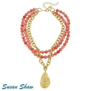 3240 Handcast Gold Oyster Shell and Pink Coral Necklace